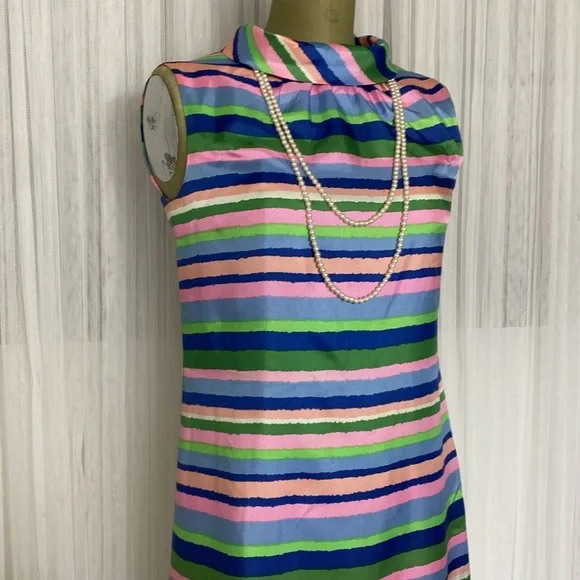 Dynasty vintage 60’s Striped Multicolor Sleeveless silk Dress S/M - Picture 4 of 17
